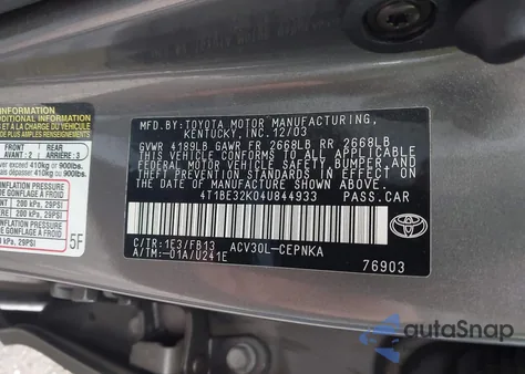 2004 Toyota Camry Le из США, поврежденный, VIN 4T1BE32K04U844933